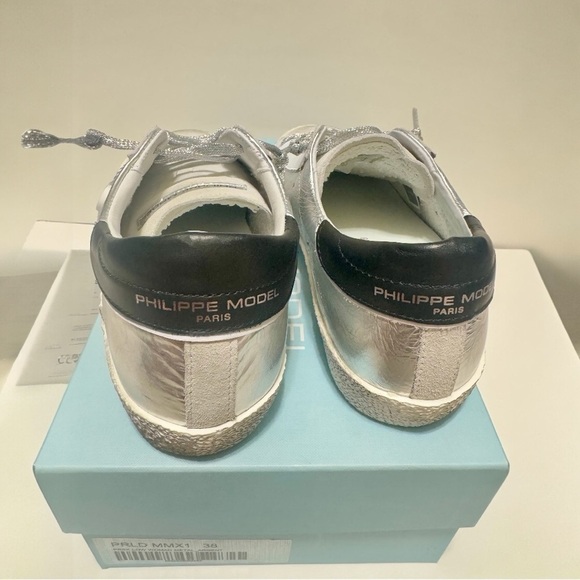 Philippe Model Paris Prsx Low Top Metallic Silver Leather Women's Sneaker Size 8 - Picture 9 of 15